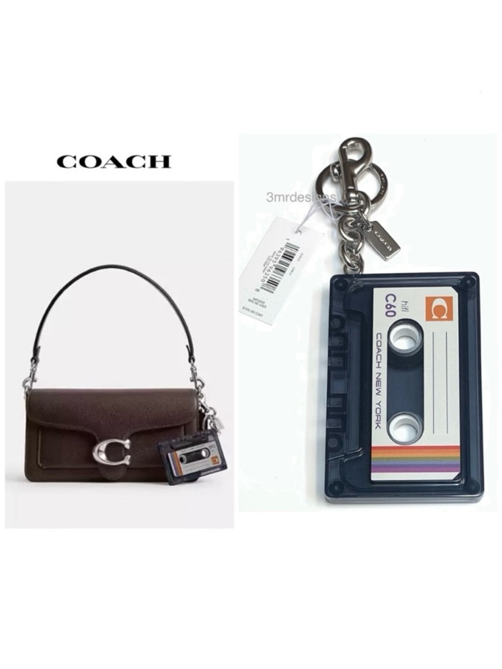 NWT COACH Large Cassette Silver Tone Plastic/Metal Keychain+ DUST BAG /GIFT BOX